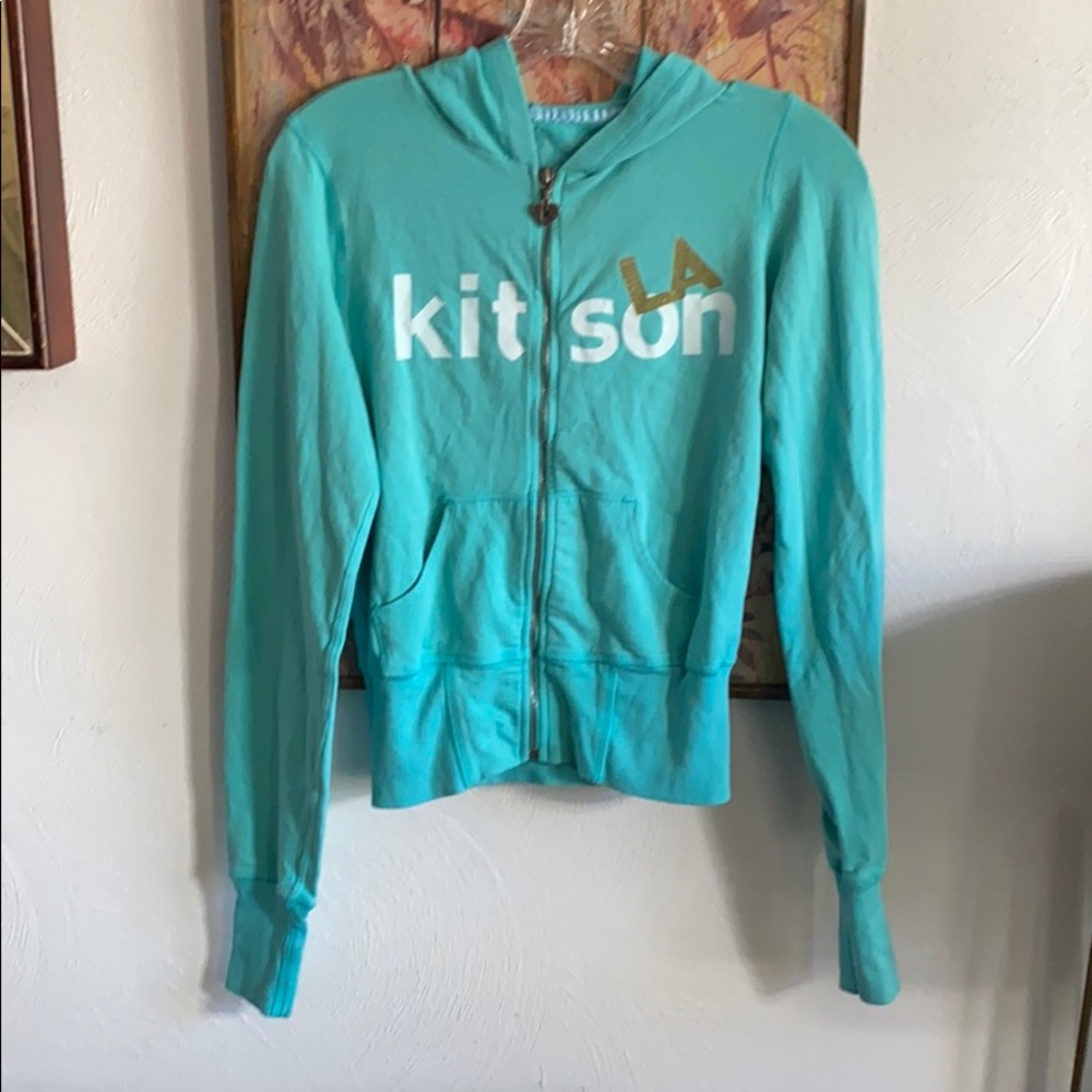 KITSON LA STRETCH LOUNGE FULL ZIP HOODIE MINT BLUE BODYCON JACKET S